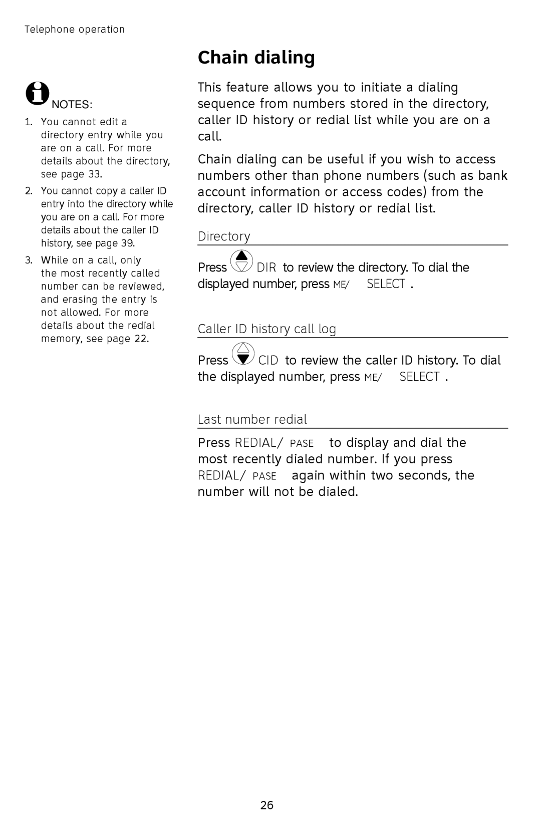 AT&T SL87218 user manual Chain dialing, Directory, Caller ID history call log 