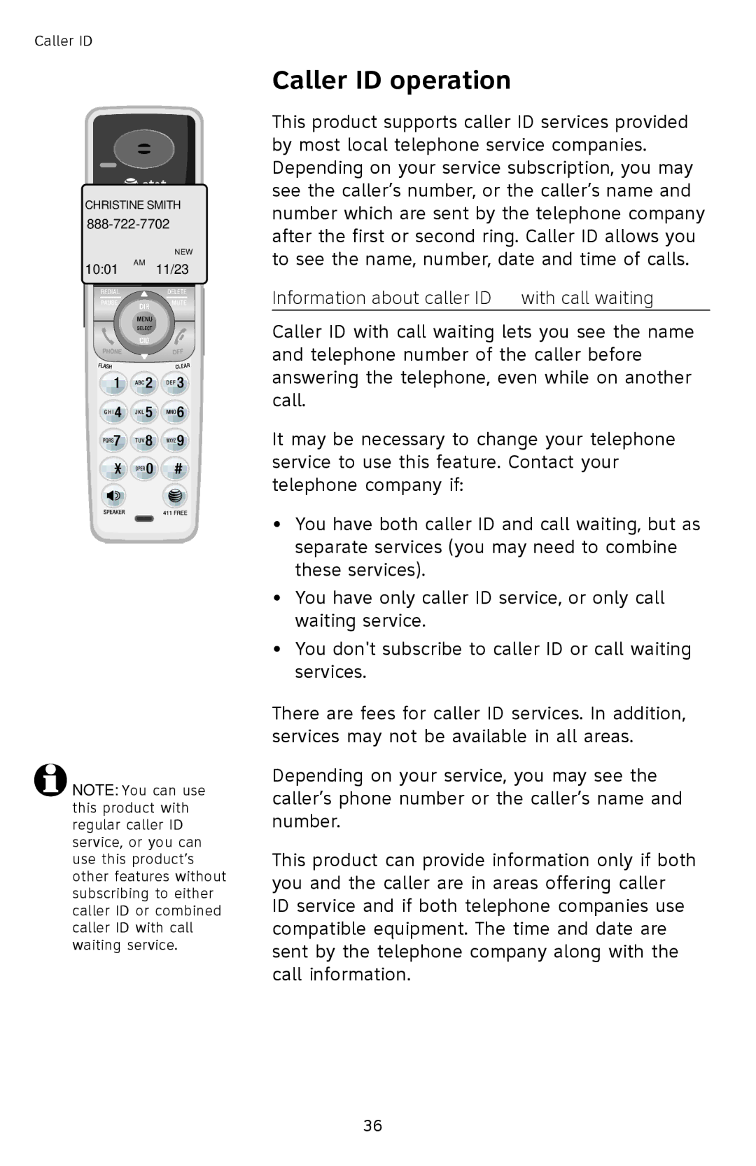 AT&T SL87218 user manual Caller ID operation, Information about caller ID with call waiting 