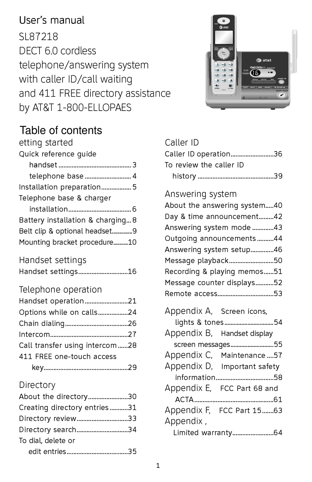 AT&T SL87218 user manual User’s manual, Table of contents 