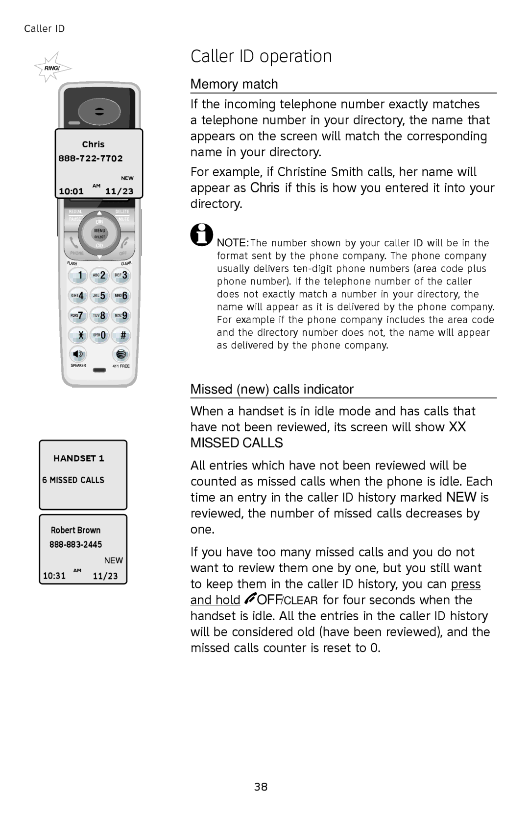 AT&T SL87218 user manual Memory match, Missed new calls indicator 