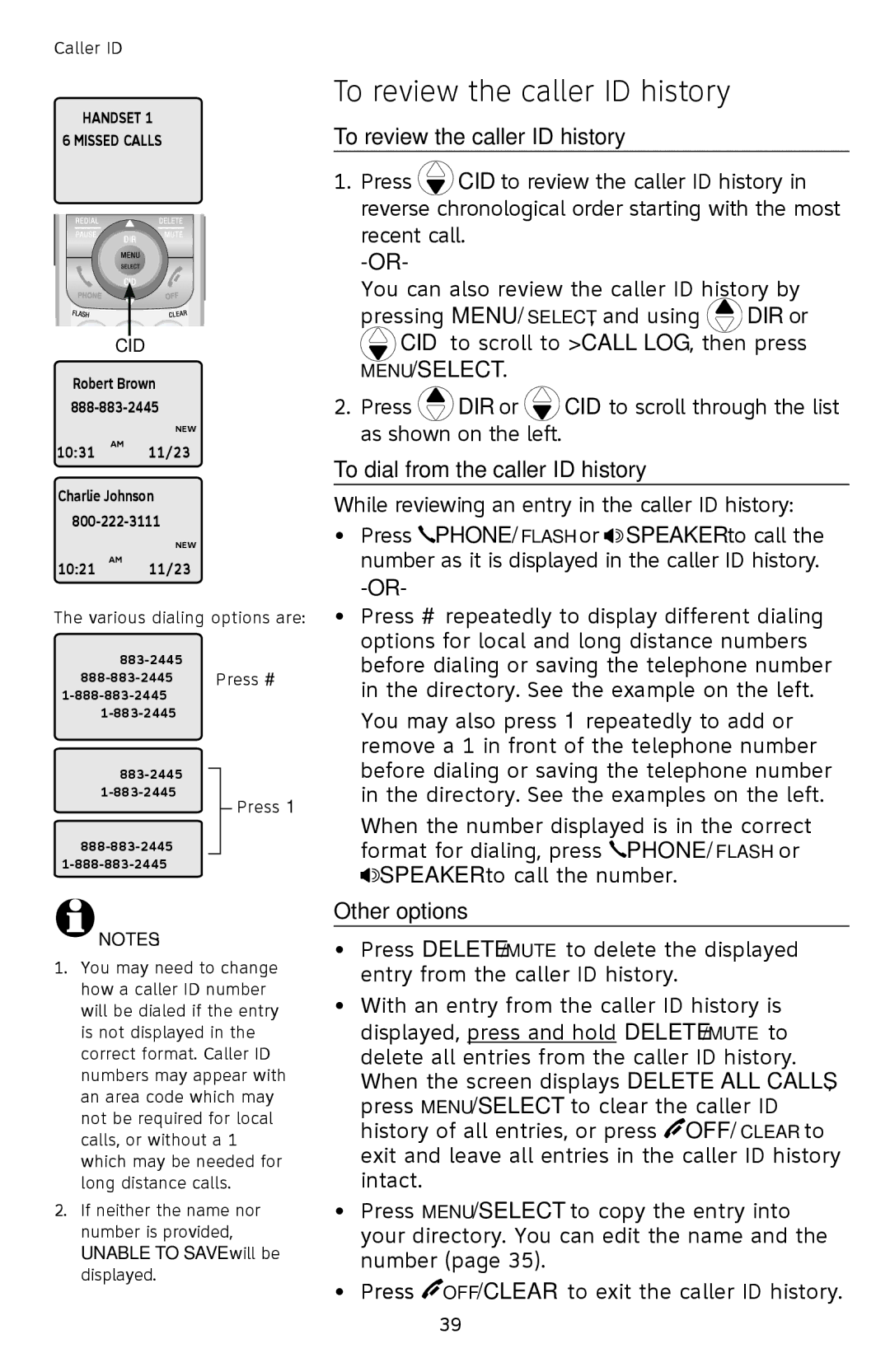 AT&T SL87218 user manual To review the caller ID history, To dial from the caller ID history, Other options 