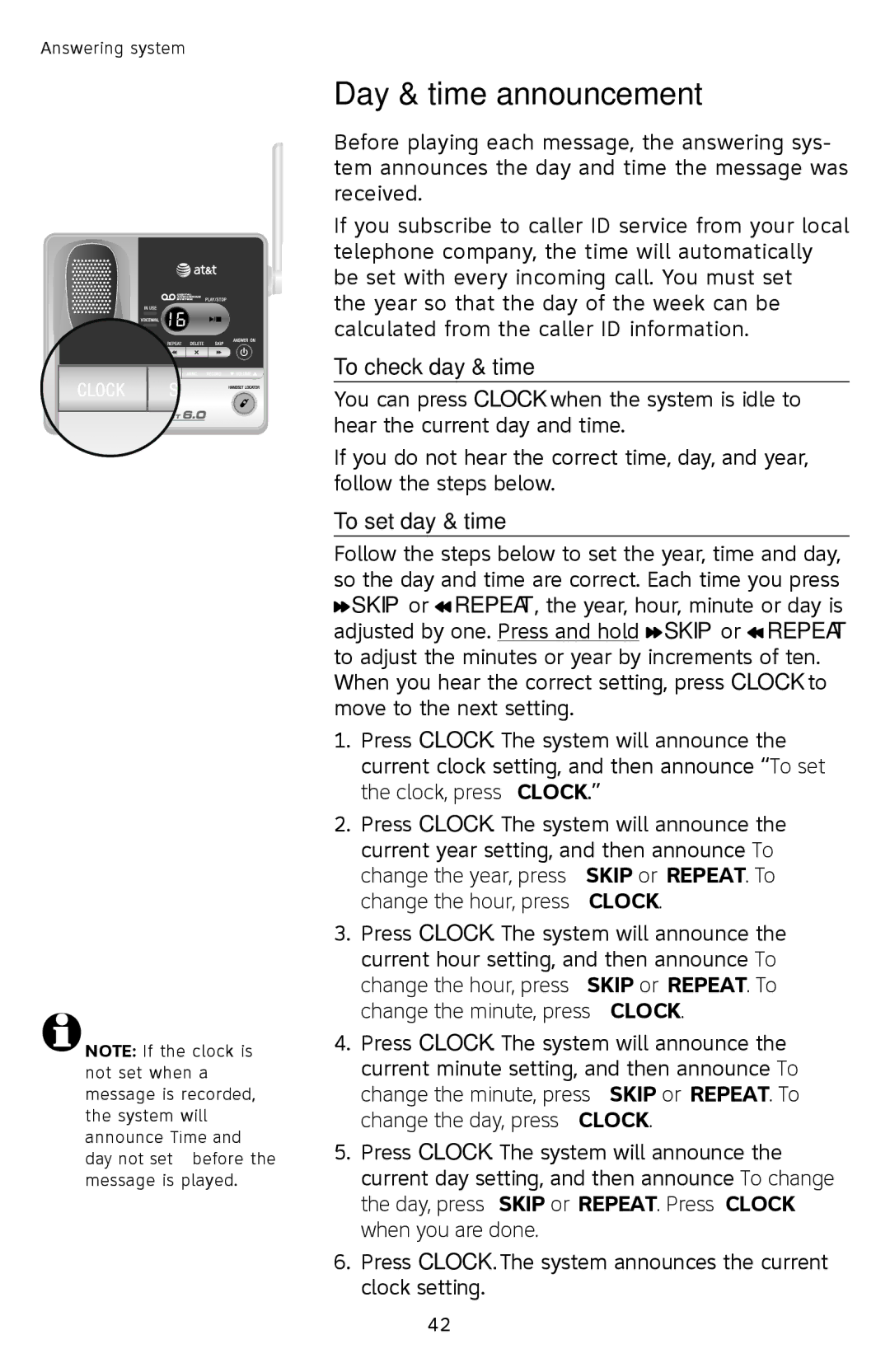 AT&T SL87218 user manual Day & time announcement, To check day & time, To set day & time 