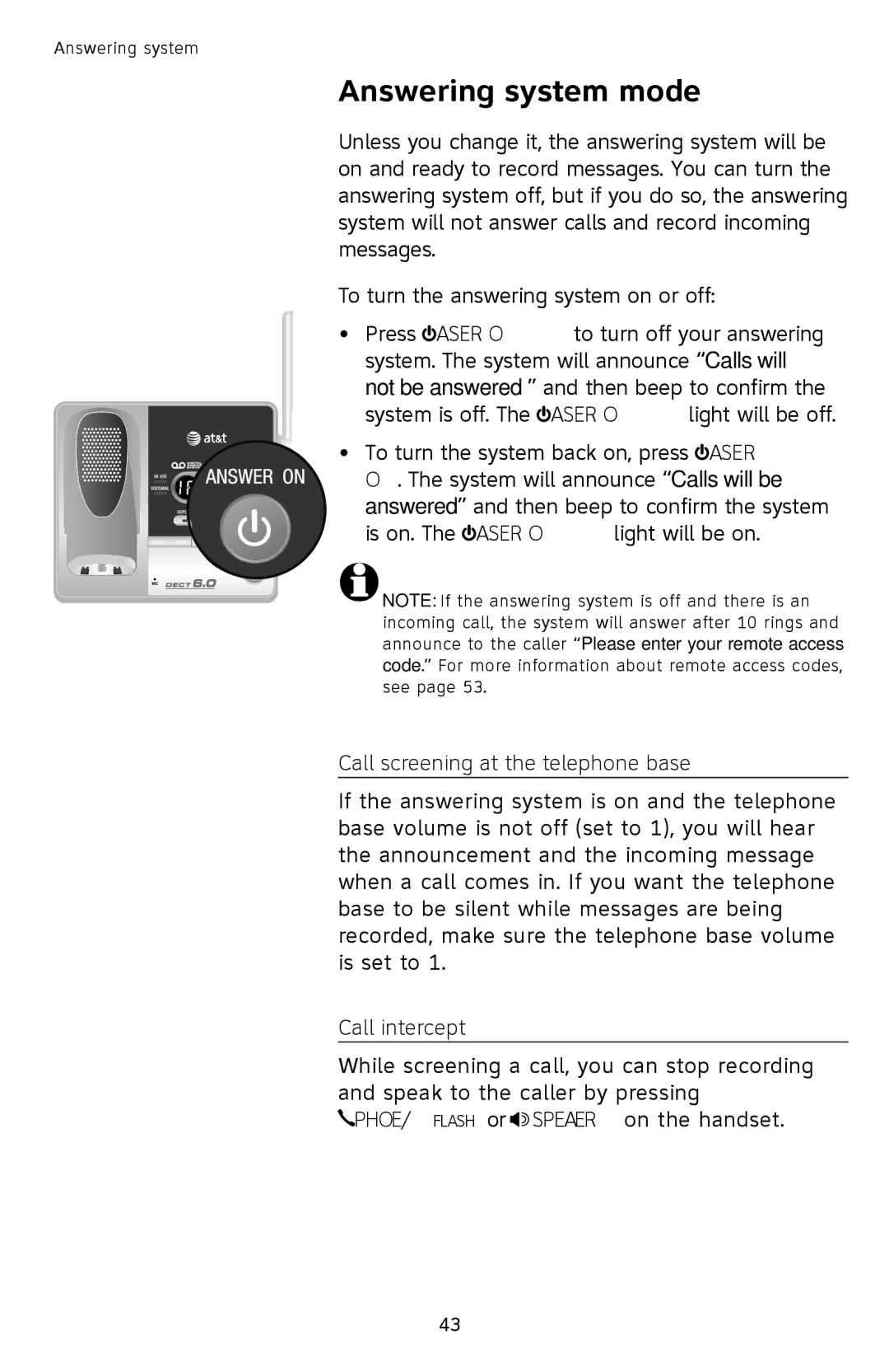 AT&T SL87218 user manual Answering system mode, Call screening at the telephone base, Call intercept 