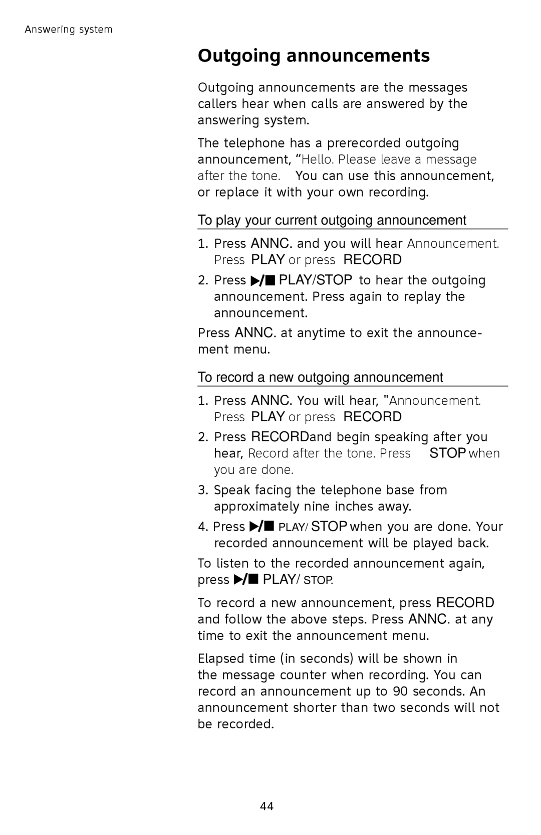 AT&T SL87218 Outgoing announcements, To play your current outgoing announcement, To record a new outgoing announcement 