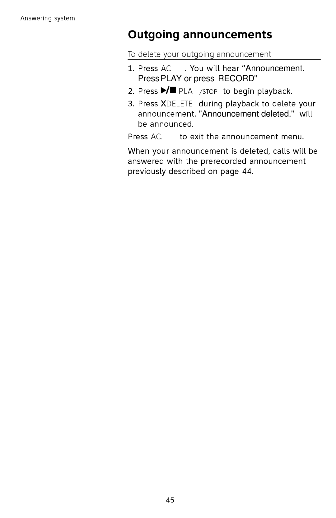 AT&T SL87218 user manual To delete your outgoing announcement 