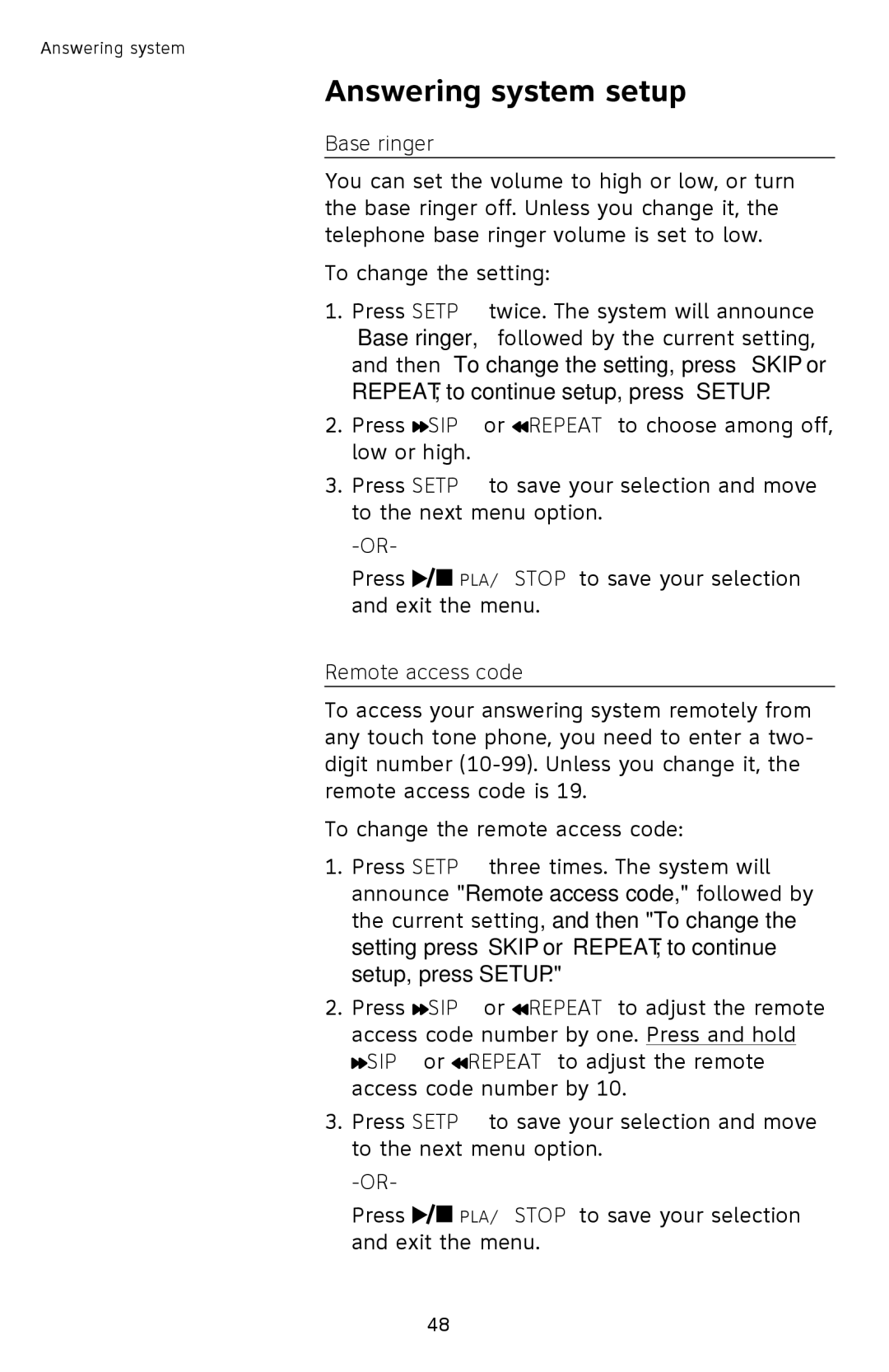 AT&T SL87218 user manual Base ringer, Remote access code 