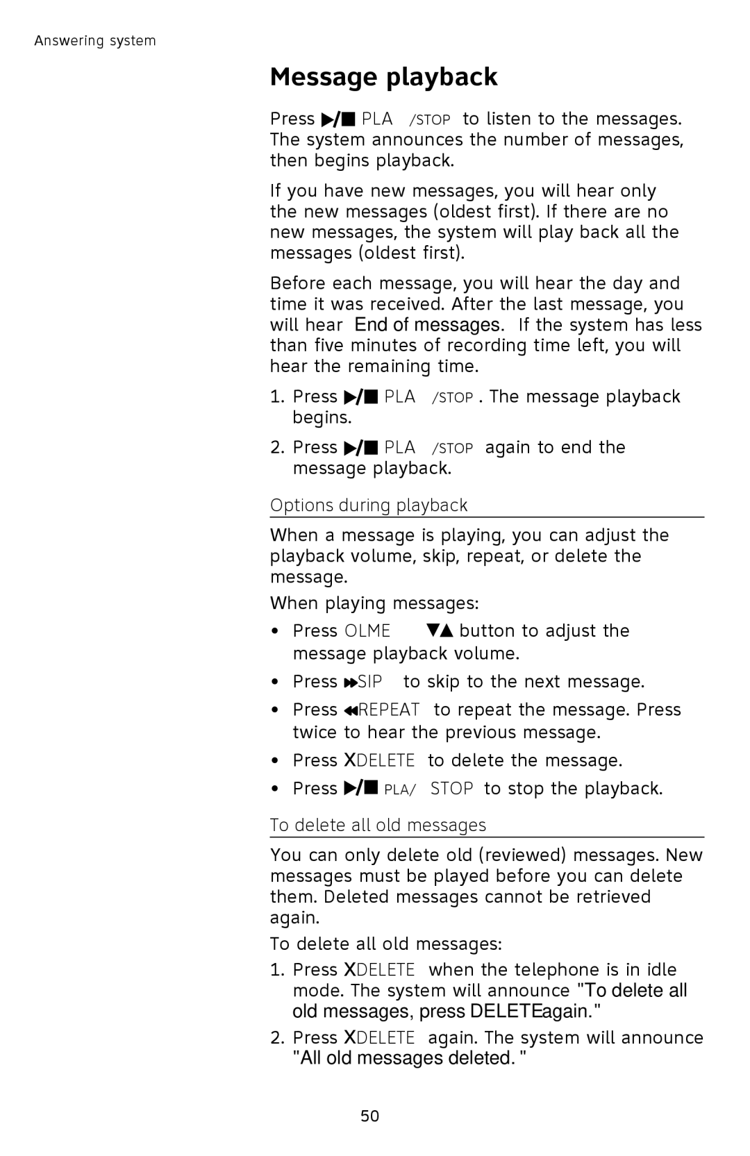 AT&T SL87218 user manual Message playback, Options during playback, To delete all old messages 