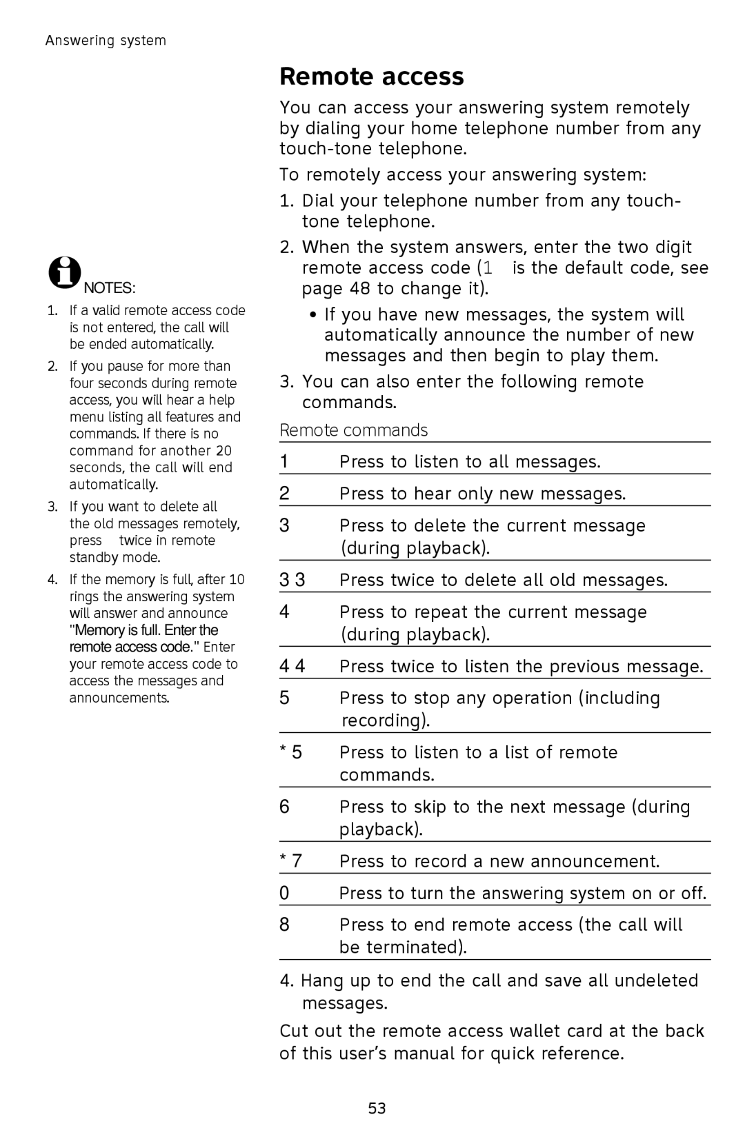 AT&T SL87218 user manual Remote access, Remote commands 