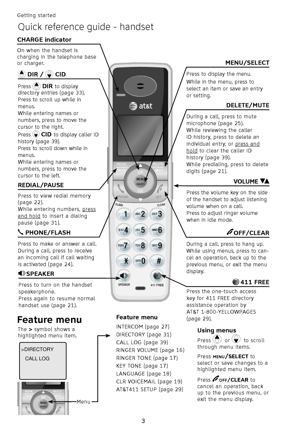 AT&T SL87218 user manual Quick reference guide handset, Dir / Cid 