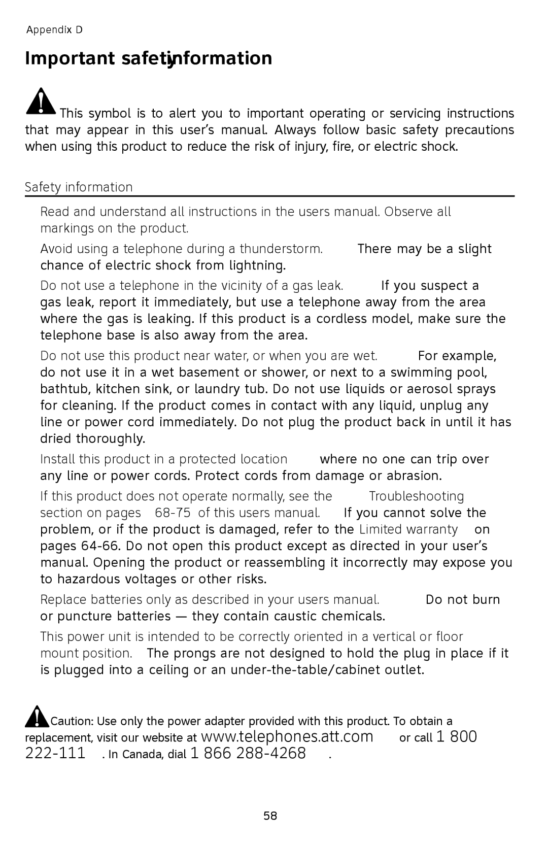 AT&T SL87218 user manual Important safety information 