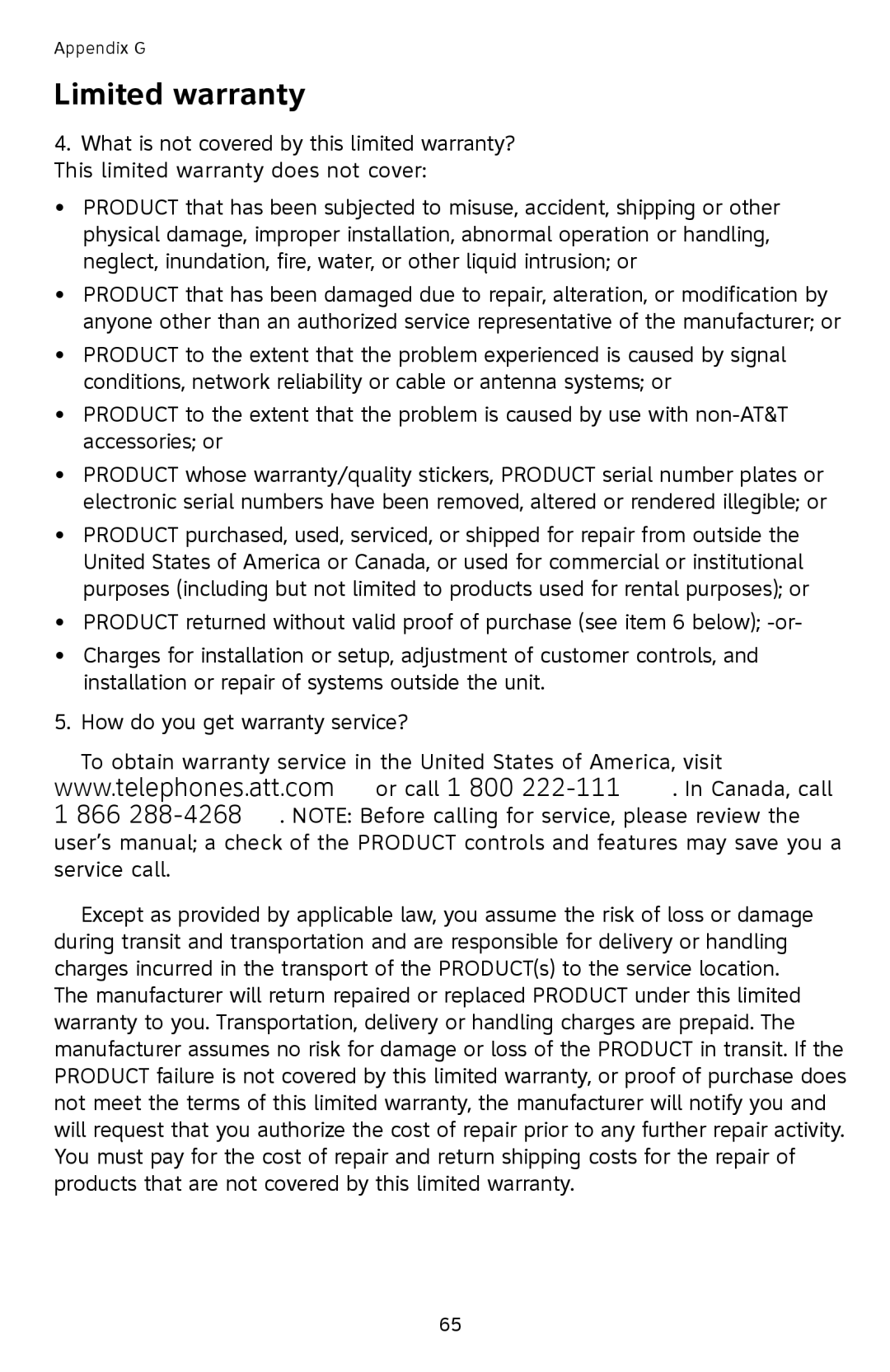 AT&T SL87218 user manual Limited warranty 