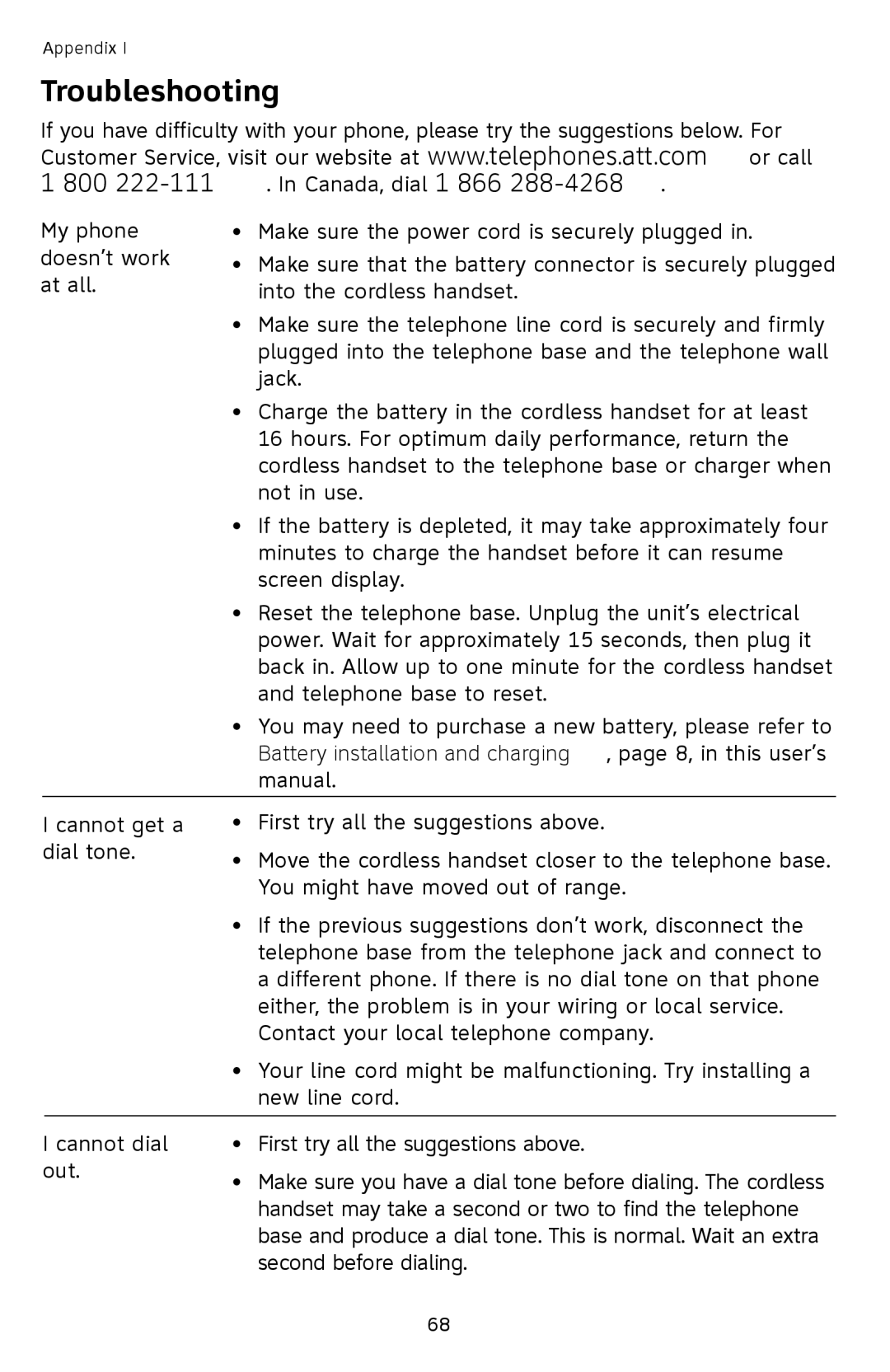 AT&T SL87218 user manual Troubleshooting, Battery installation and charging, page 8, in this user’s 