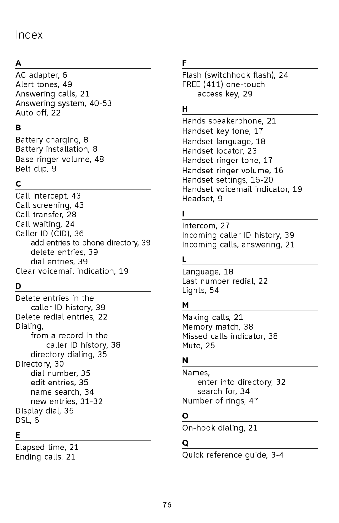 AT&T SL87218 user manual Index 