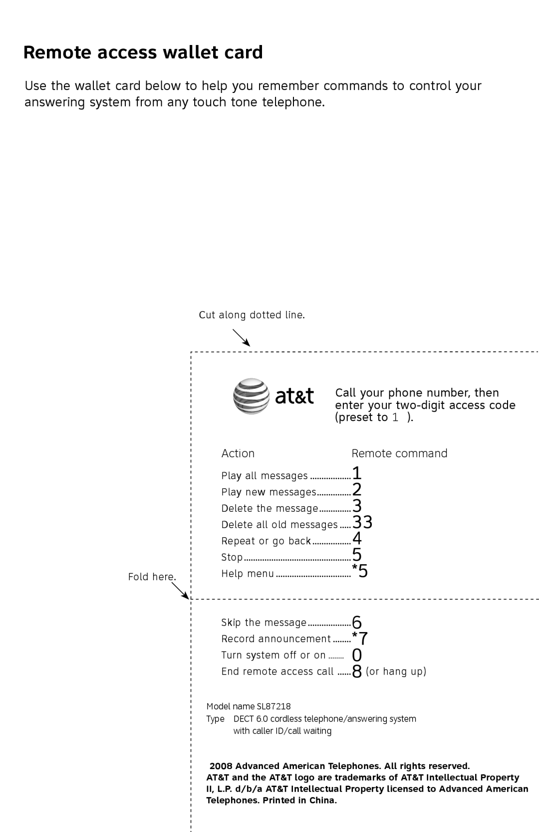 AT&T SL87218 user manual Remote access wallet card, Action Remote command 