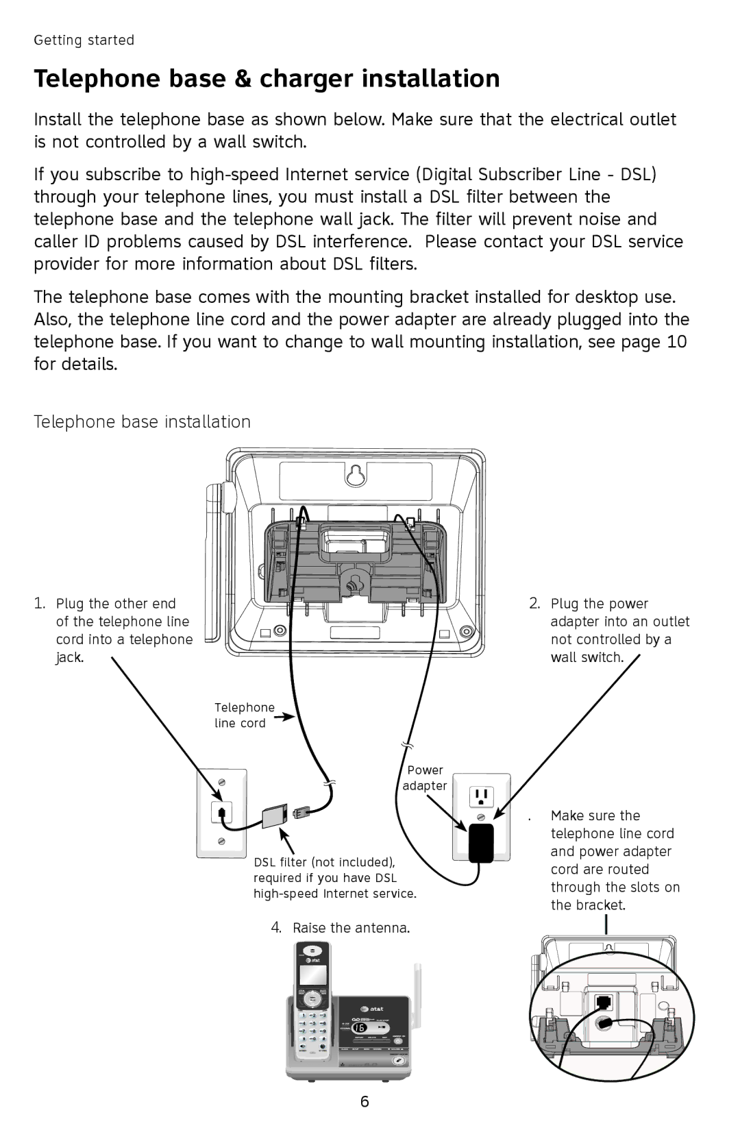 AT&T SL87218 user manual Telephone base & charger installation, Telephone base installation 