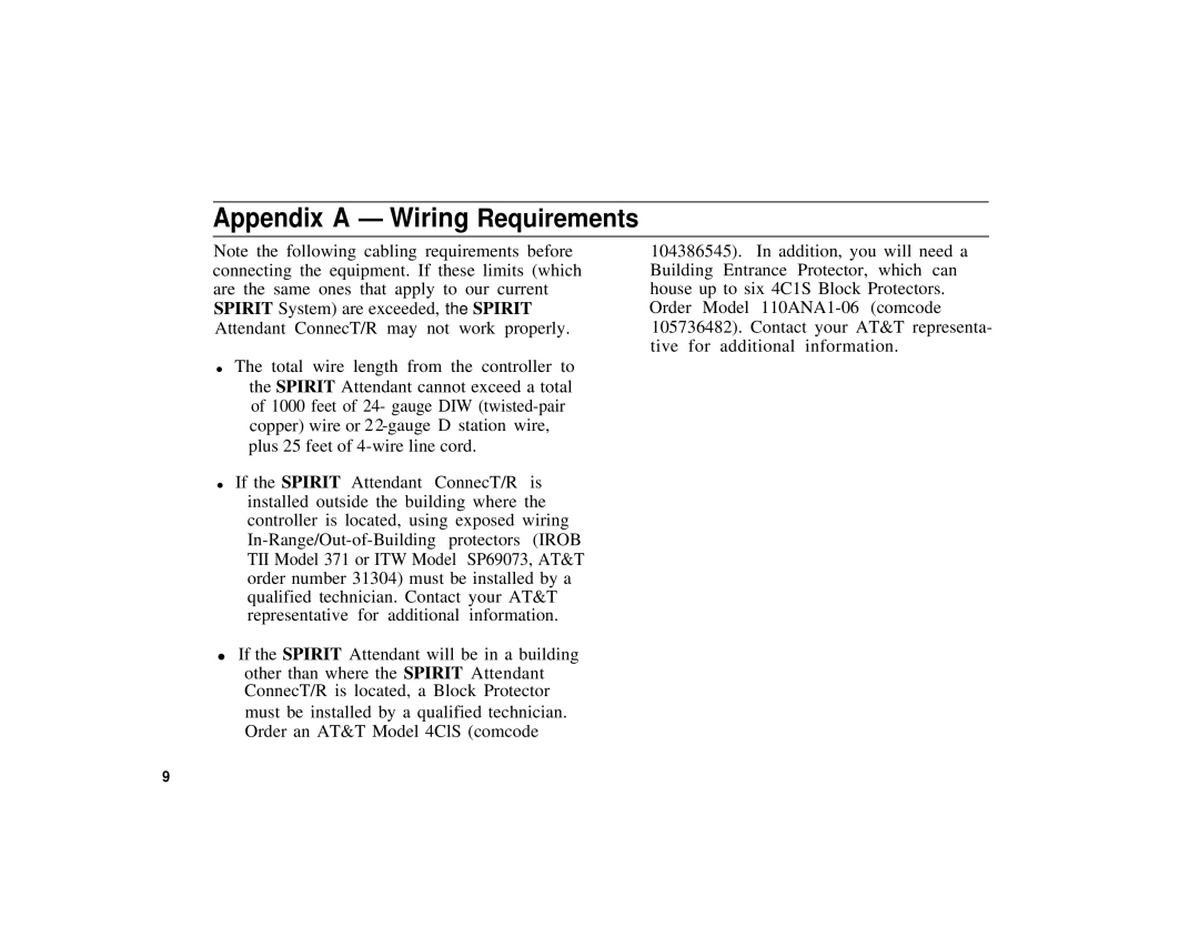 AT&T SPIRIT Attendant owner manual Appendix a Wiring Requirements 