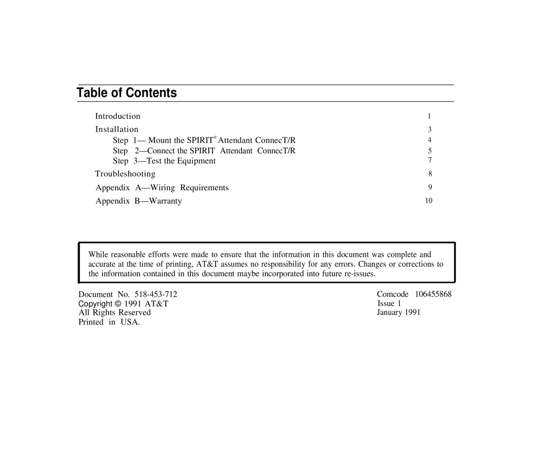 AT&T SPIRIT Attendant owner manual Table of Contents 