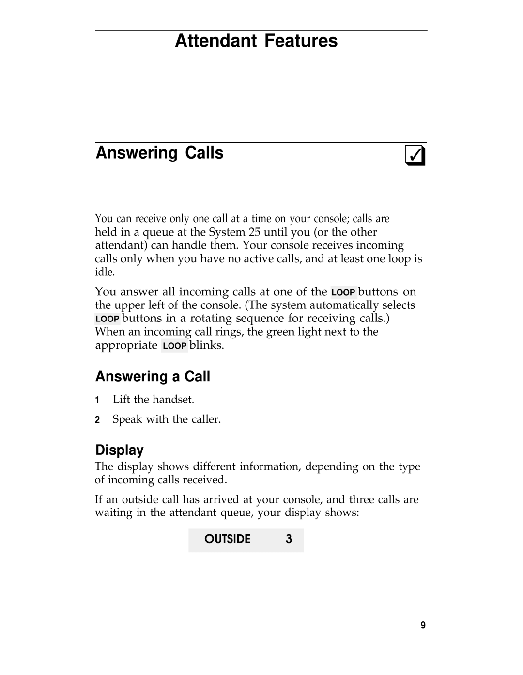 AT&T System 25 manual Answering Calls, Answering a Call, Display 