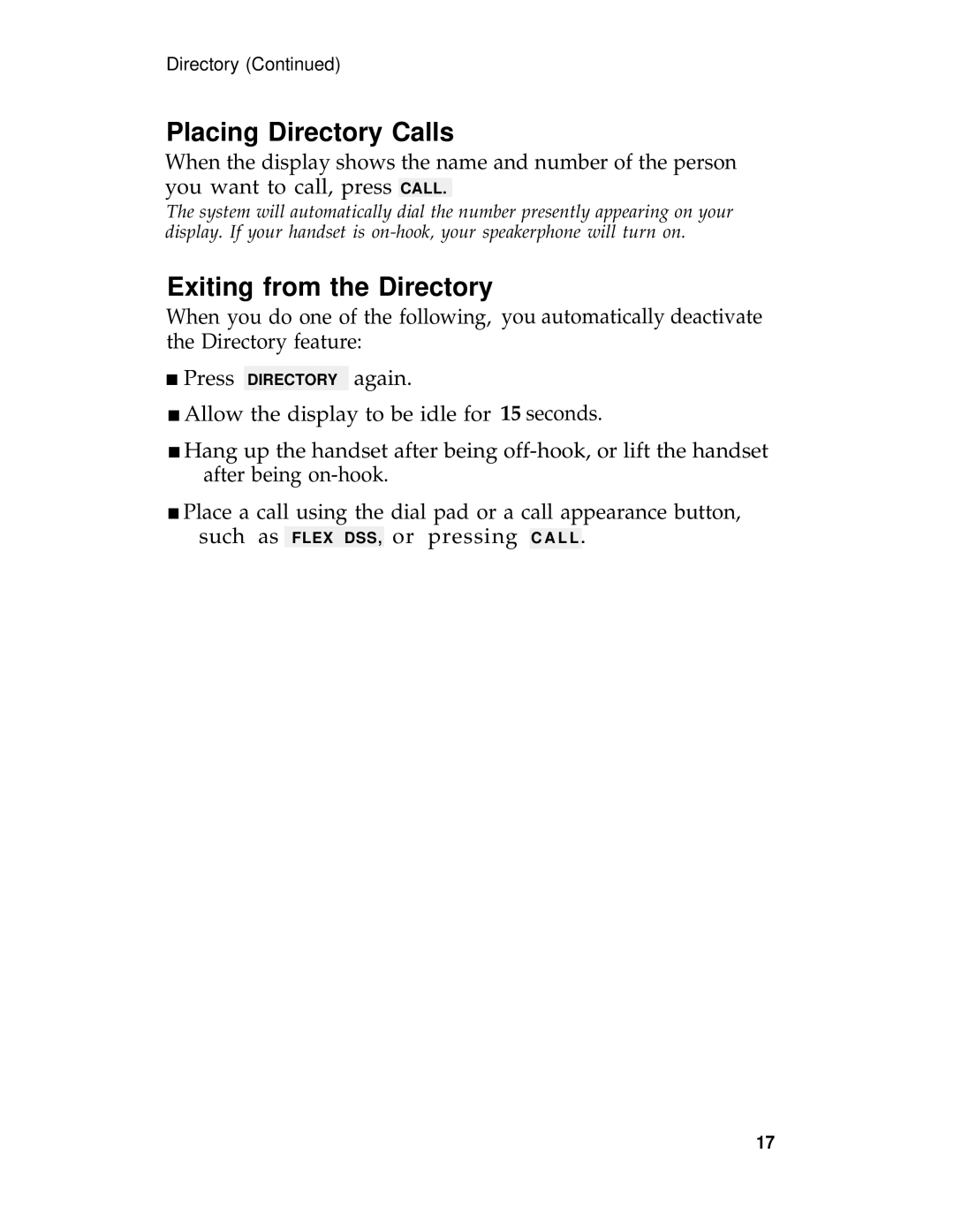 AT&T System 25 manual Placing Directory Calls, Exiting from the Directory 