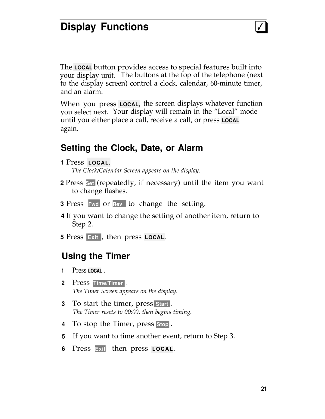 AT&T System 25 manual Display Functions, Setting the Clock, Date, or Alarm, Using the Timer 