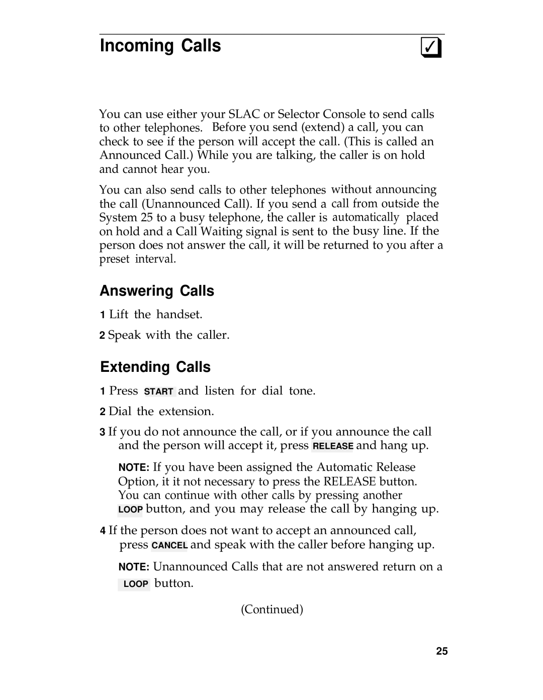 AT&T System 25 manual Incoming Calls, Answering Calls, Extending Calls 