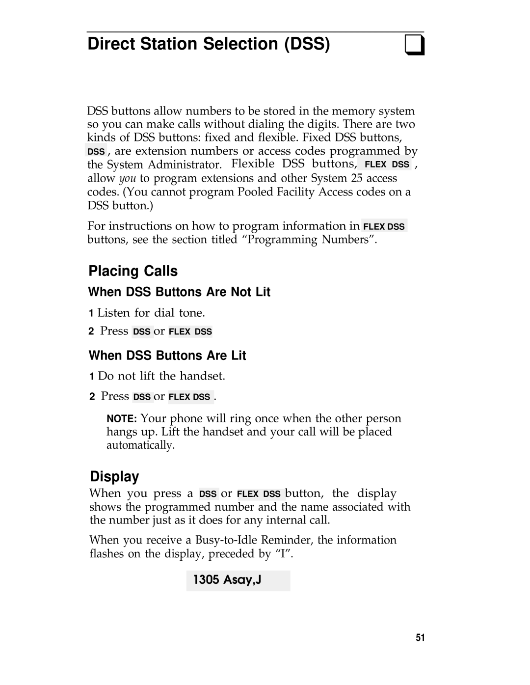 AT&T System 25 manual Direct Station Selection DSS, Placing Calls 