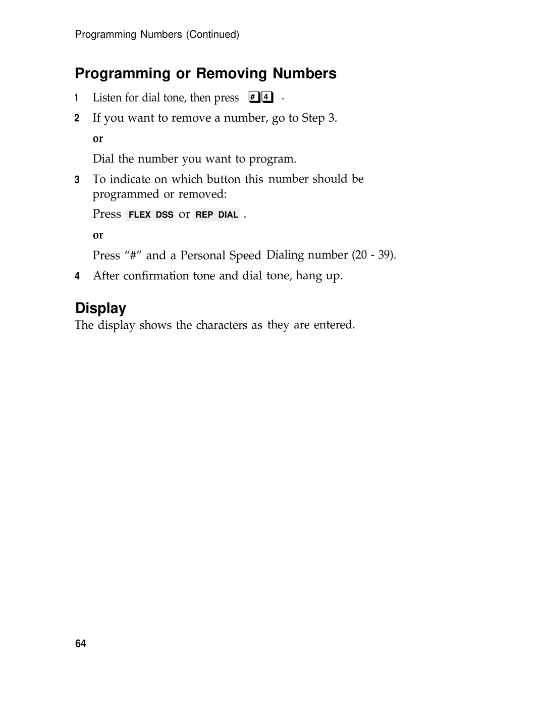 AT&T System 25 manual Programming or Removing Numbers, Display 