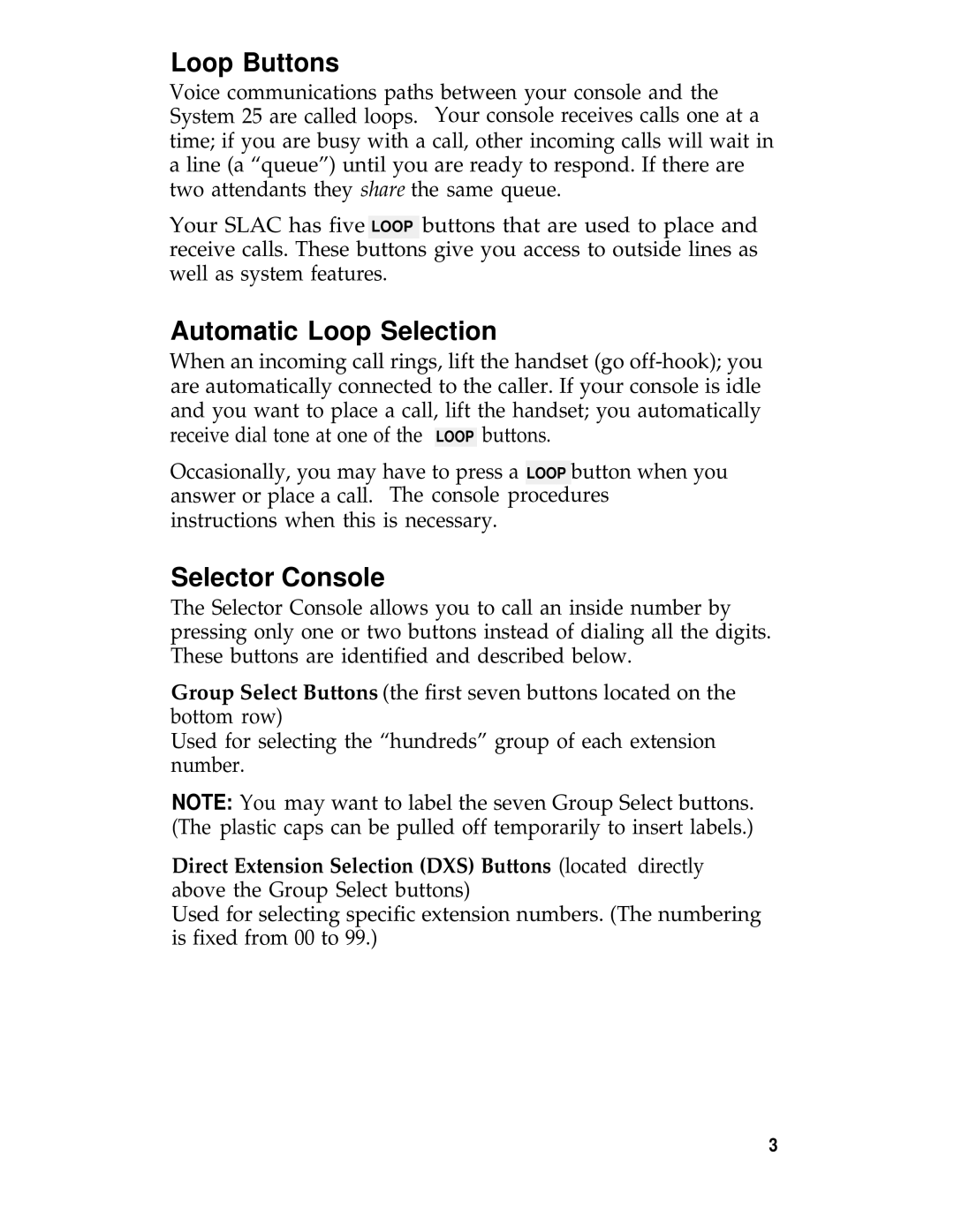 AT&T System 25 manual Loop Buttons, Automatic Loop Selection, Selector Console 