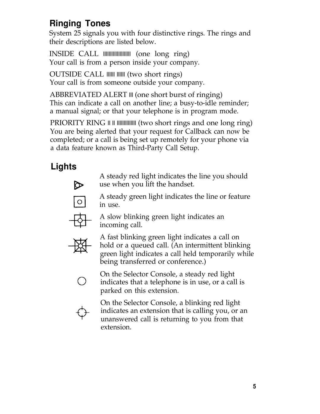 AT&T System 25 manual Ringing Tones, Lights 