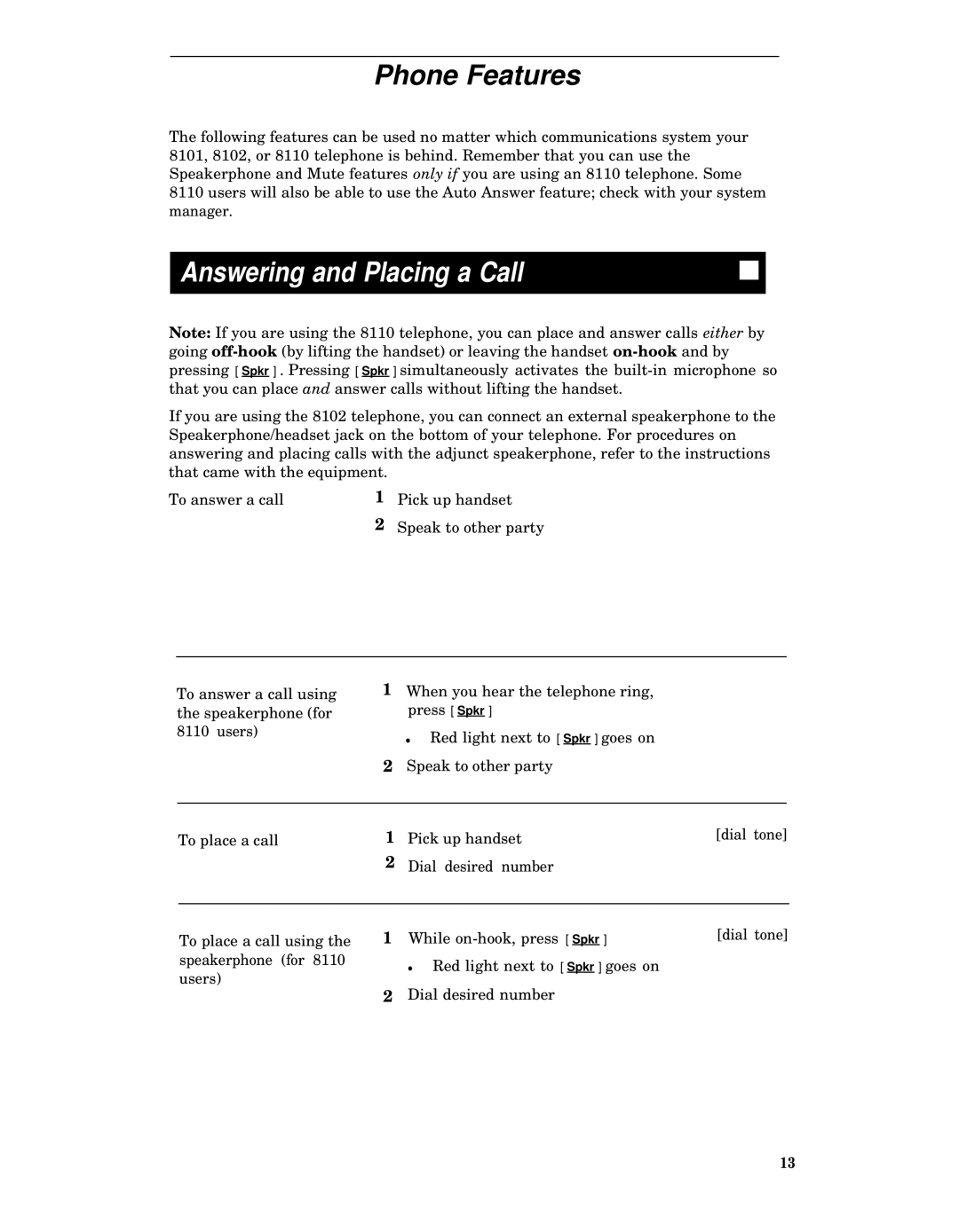 AT&T Generic 2, System 85, System 75, Generic 1 manual Phone Features, Answering and Placing a Call 