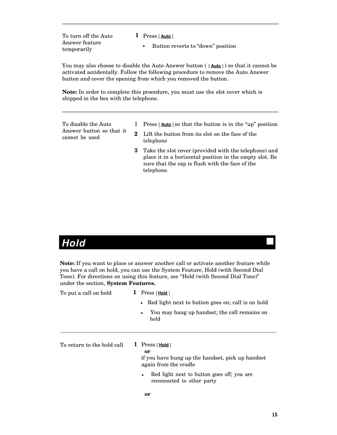 AT&T System 85, System 75, Generic 2, Generic 1 manual Hold 