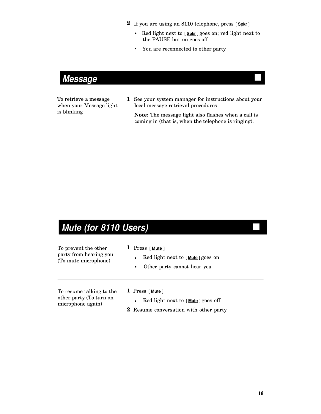 AT&T System 75, System 85, Generic 2, Generic 1 manual Message, Mute for 8110 Users 