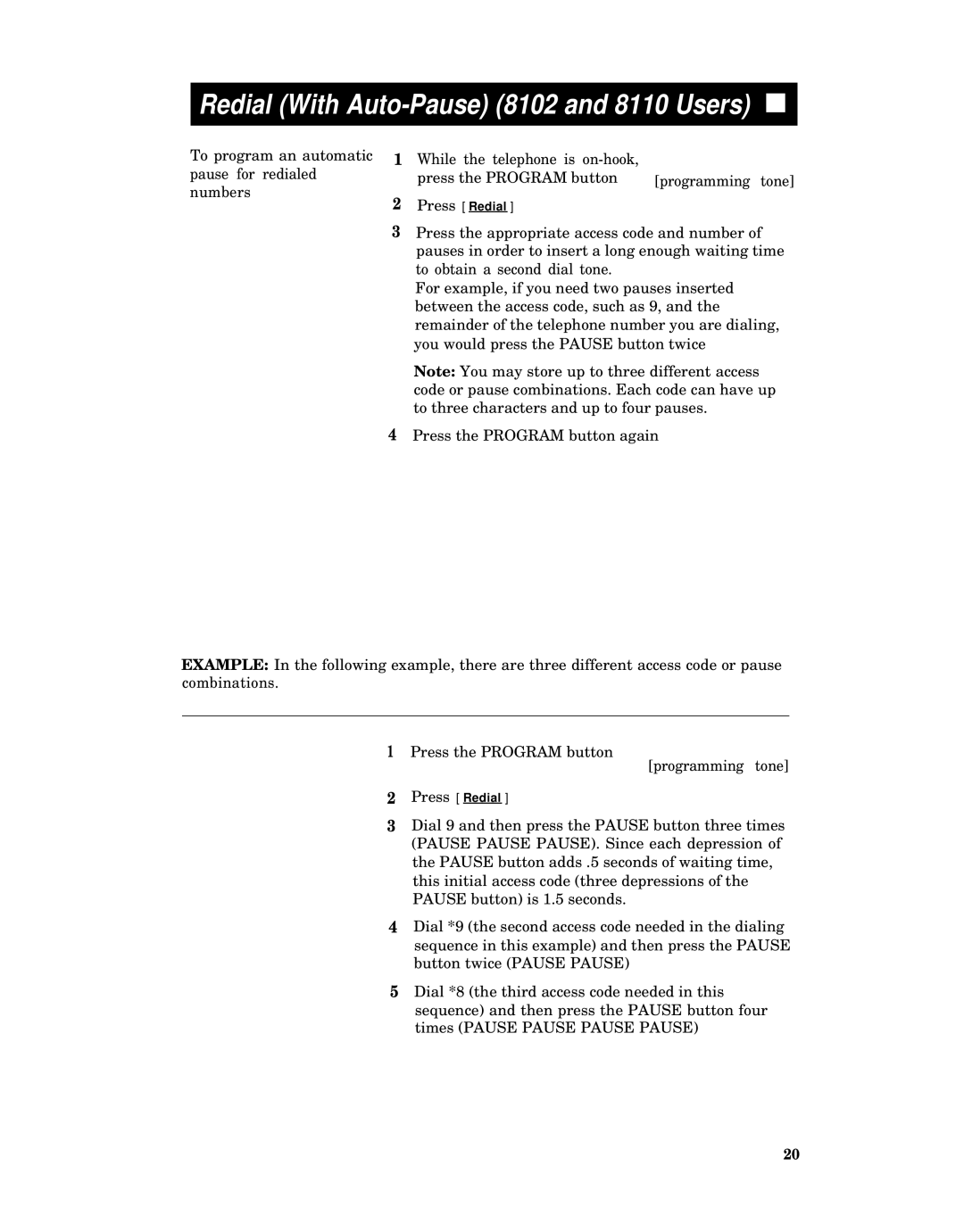 AT&T System 75, System 85, Generic 2, Generic 1 manual Redial With Auto-Pause 8102 and 8110 Users 