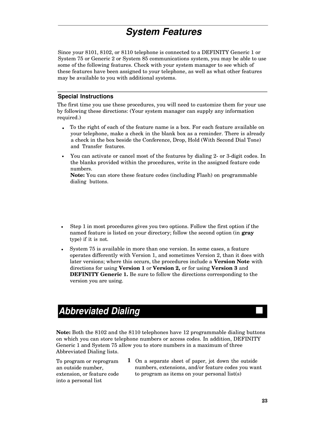 AT&T System 85, System 75, Generic 2, Generic 1 manual System Features, Abbreviated Dialing 