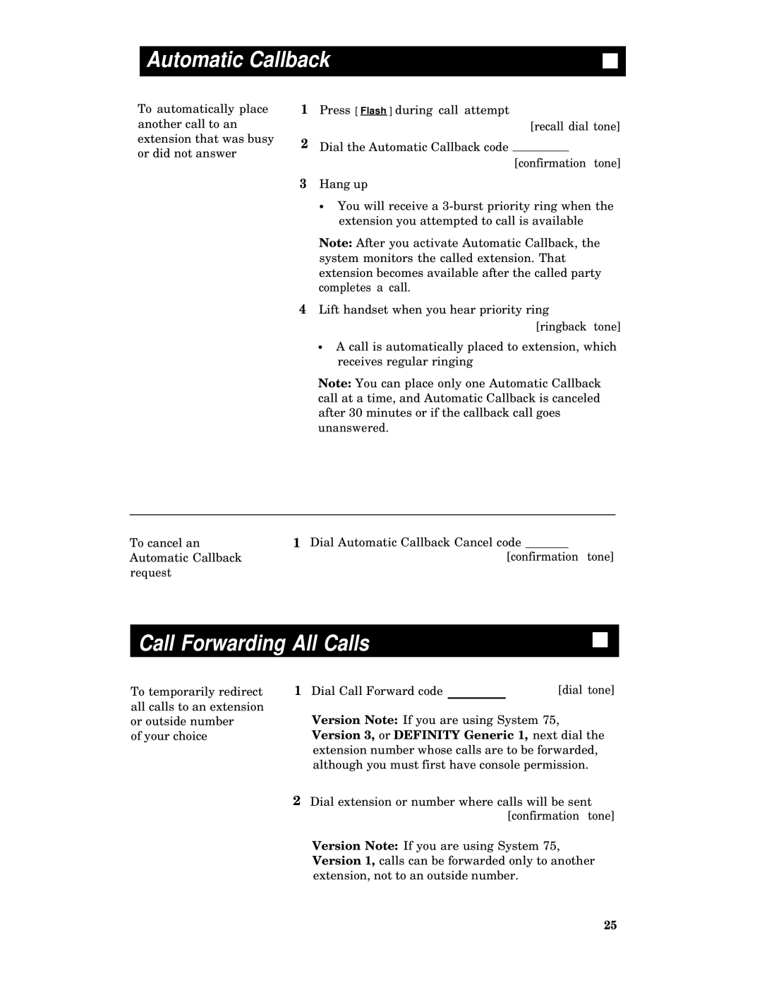 AT&T Generic 2, System 85, System 75, Generic 1 manual Automatic Callback, Call Forwarding All Calls 