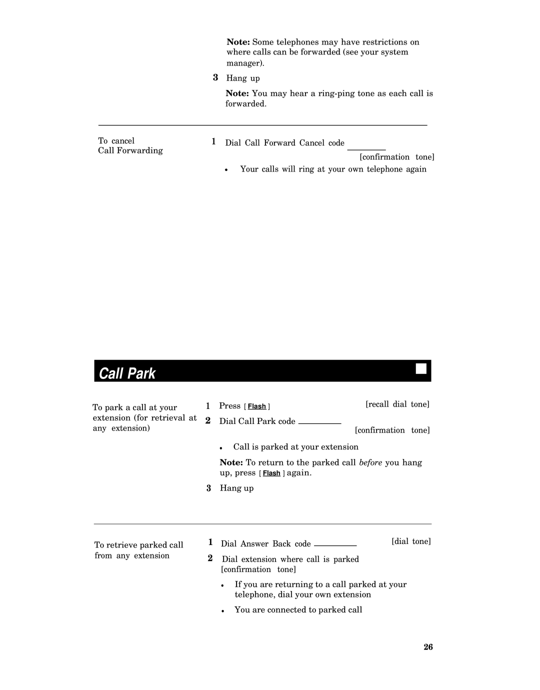 AT&T Generic 1, System 85, System 75, Generic 2 manual Call Park 