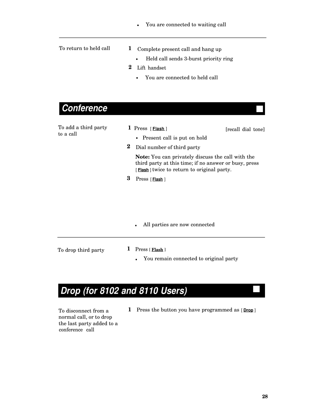 AT&T System 75, System 85, Generic 2, Generic 1 manual Conference, Drop for 8102 and 8110 Users 