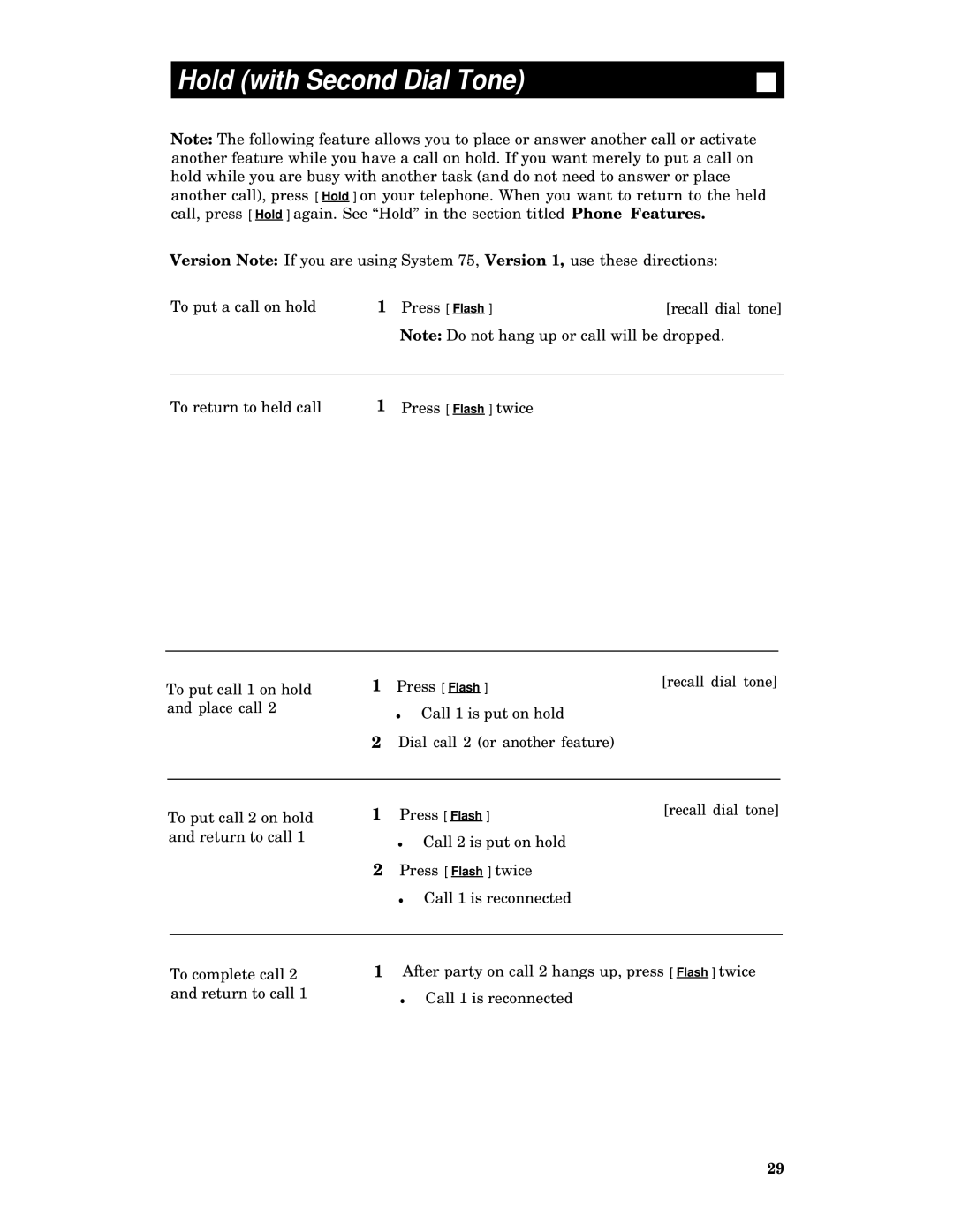 AT&T Generic 2, System 85, System 75, Generic 1 manual Hold with Second Dial Tone 