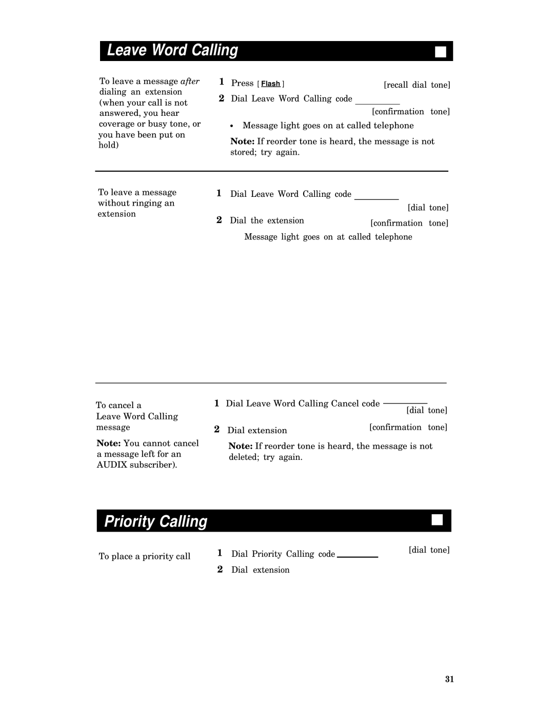 AT&T System 85, System 75, Generic 2, Generic 1 manual Leave Word Calling 