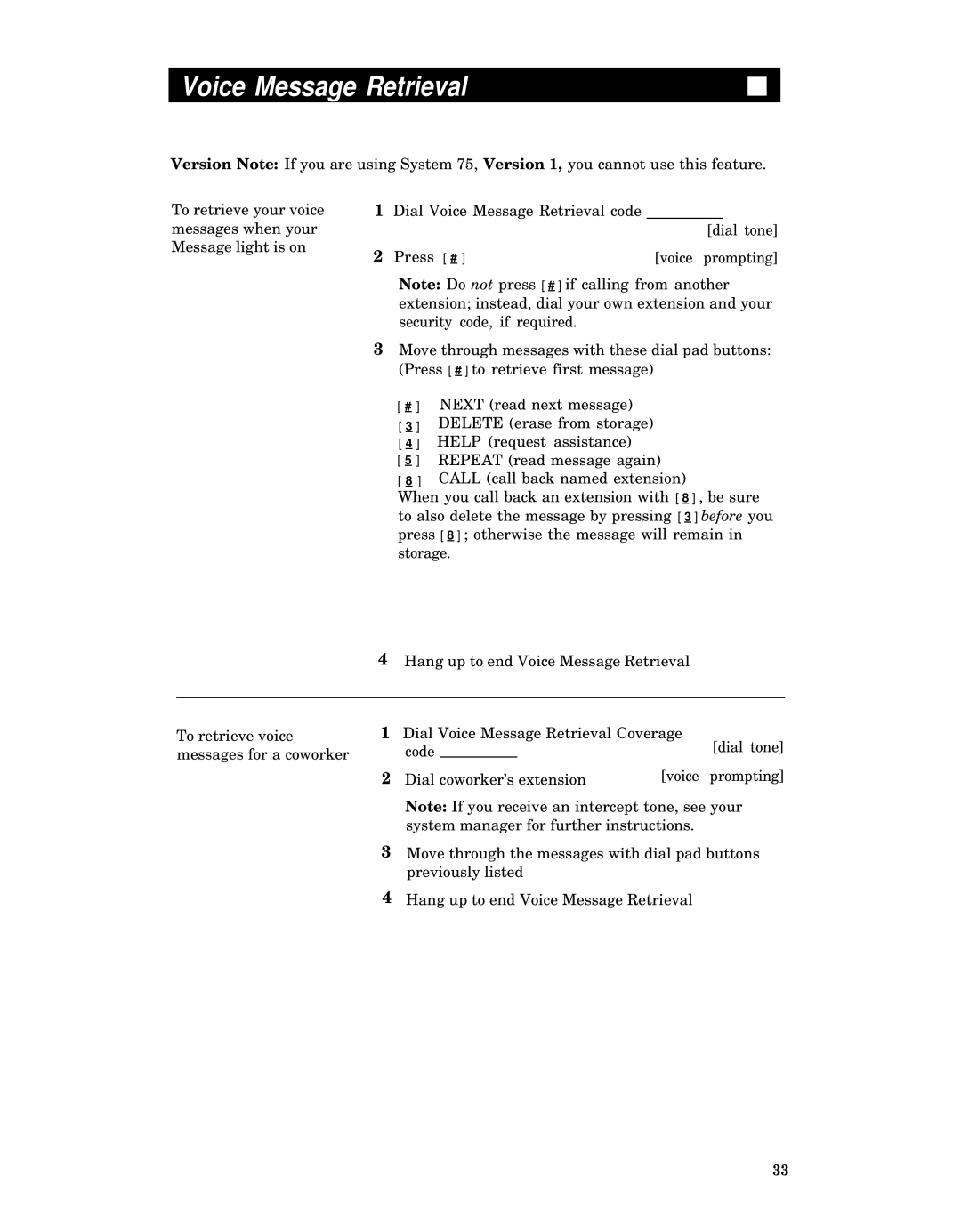 AT&T Generic 2, System 85, System 75, Generic 1 manual Voice Message Retrieval 