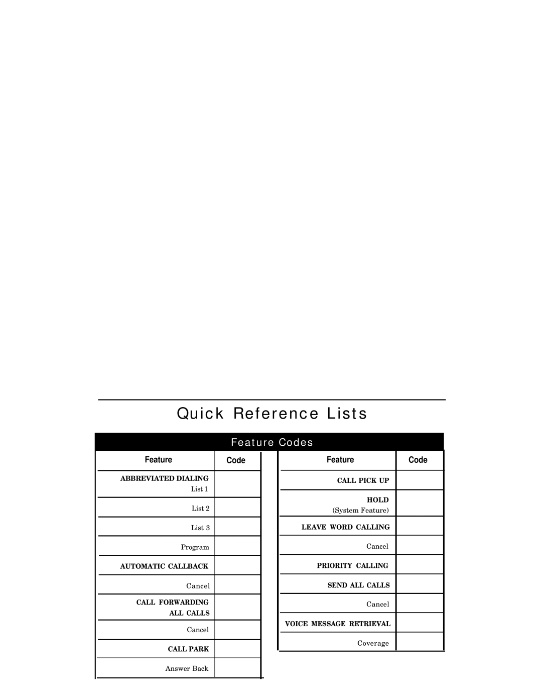 AT&T Generic 2, System 85, System 75, Generic 1 manual Quick Reference Lists 