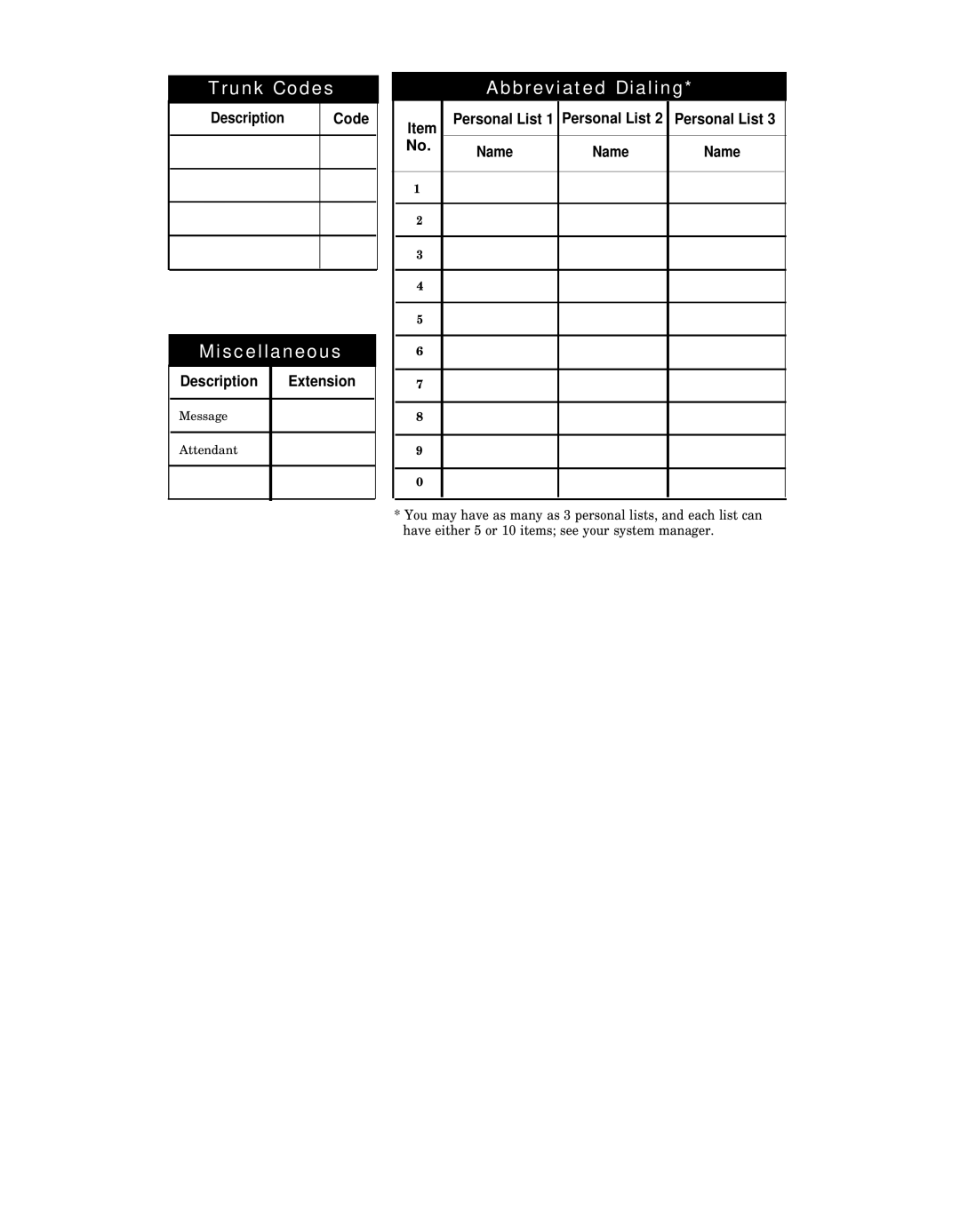 AT&T Generic 1, System 85, System 75, Generic 2 manual Trunk Codes 