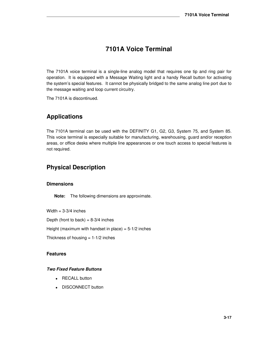 AT&T System 85 manual 7101A Voice Terminal, Applications, Physical Description, Dimensions, Features 