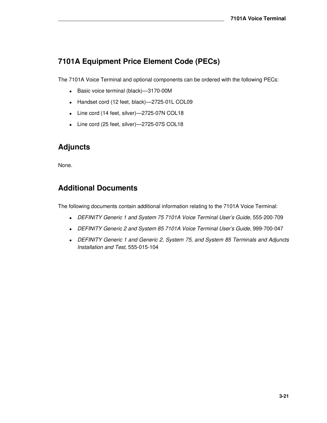 AT&T System 85 manual 7101A Equipment Price Element Code PECs, Additional Documents 