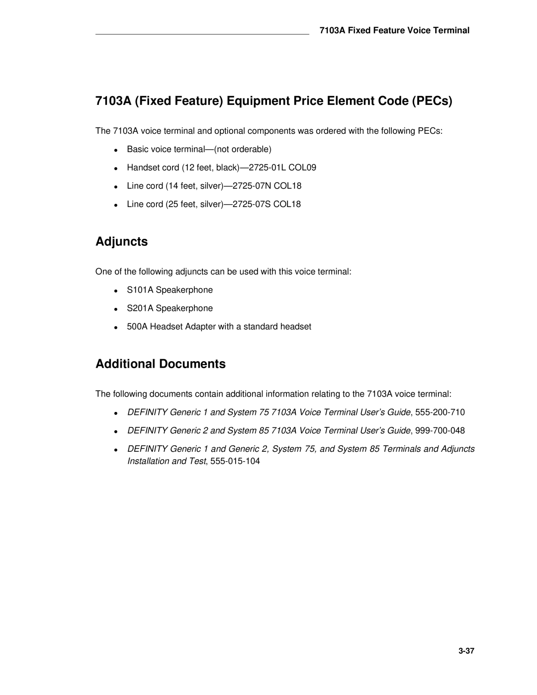 AT&T System 85 manual 7103A Fixed Feature Equipment Price Element Code PECs, Adjuncts 