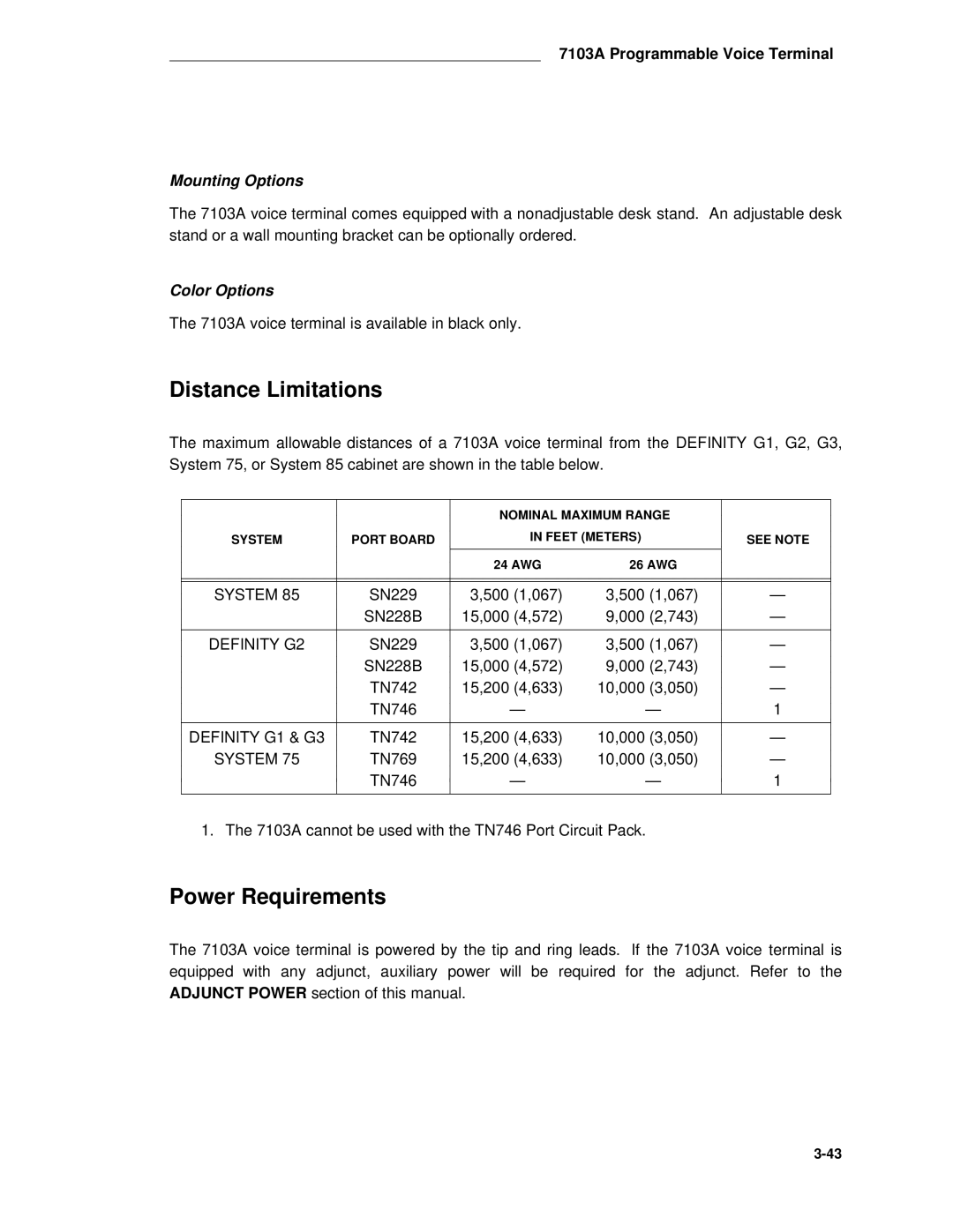 AT&T System 85 manual Distance Limitations 