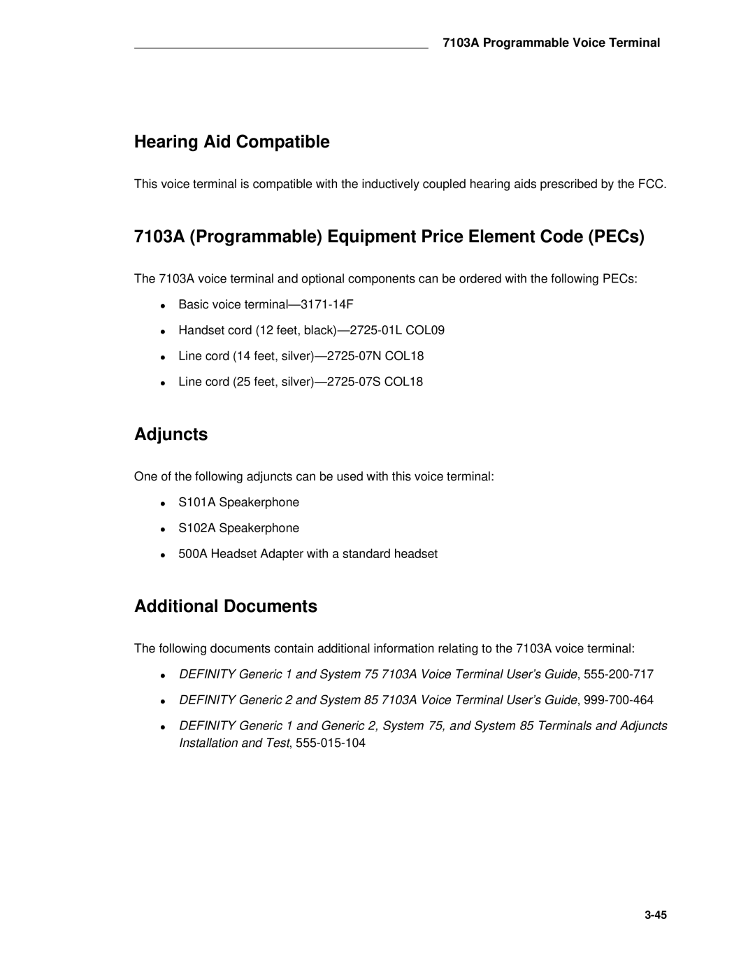 AT&T System 85 manual Hearing Aid Compatible, 7103A Programmable Equipment Price Element Code PECs 