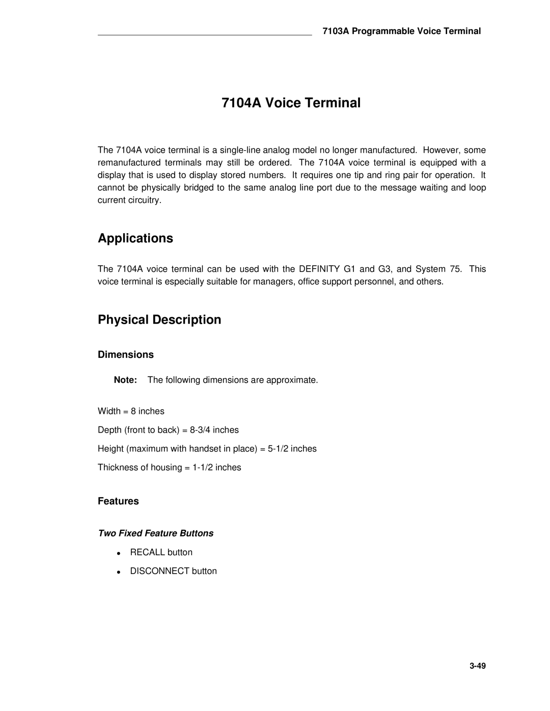 AT&T System 85 manual 7104A Voice Terminal, Applications 