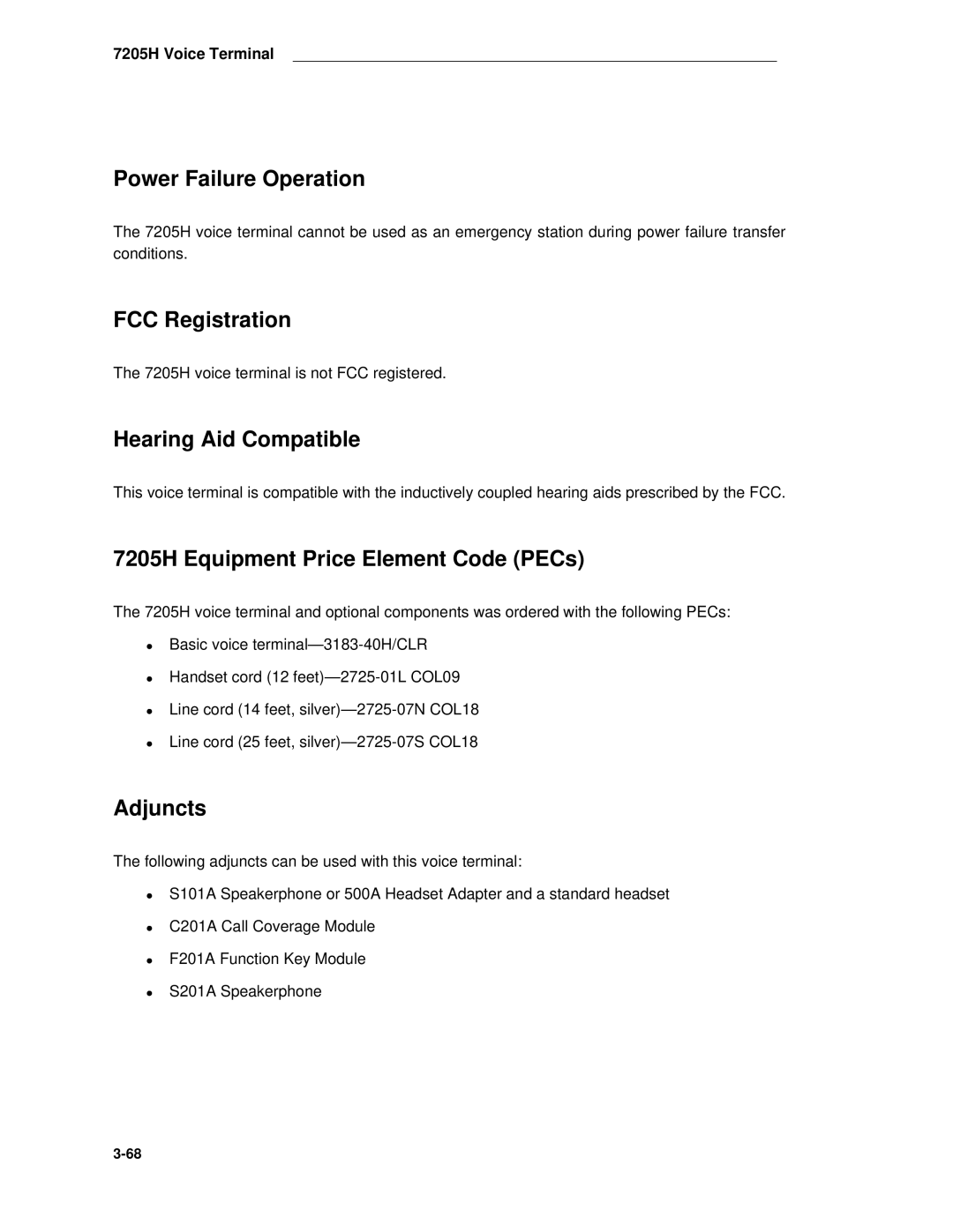 AT&T System 85 manual Power Failure Operation, 7205H Equipment Price Element Code PECs 