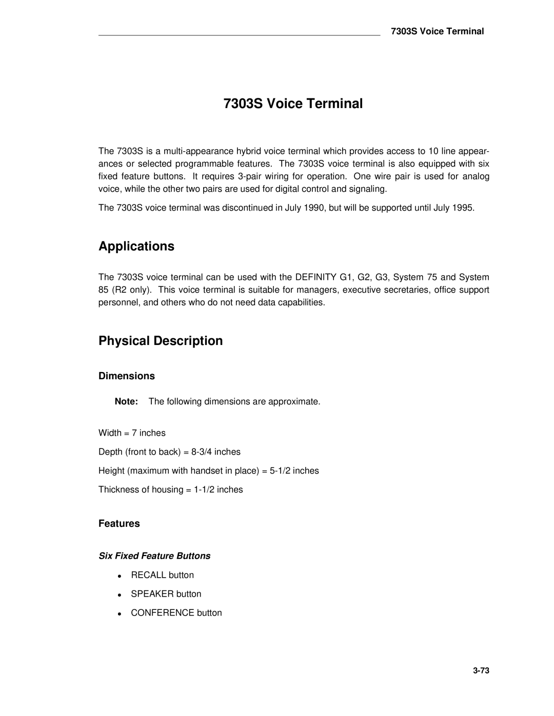 AT&T System 85 manual 7303S Voice Terminal, Applications 